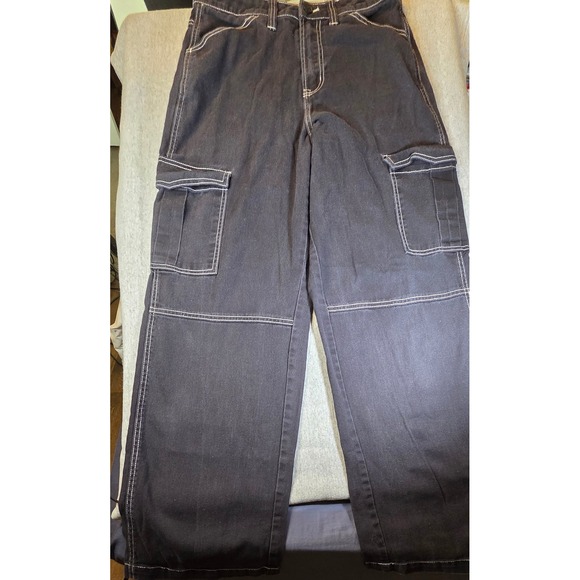 H&M Denim - HM Divided Black Cargo Pants White Contrast Stitch Wide Leg Utility Jeans Size 4